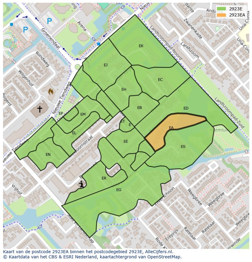 Afbeelding van het postcodegebied 2923 EA op de kaart.