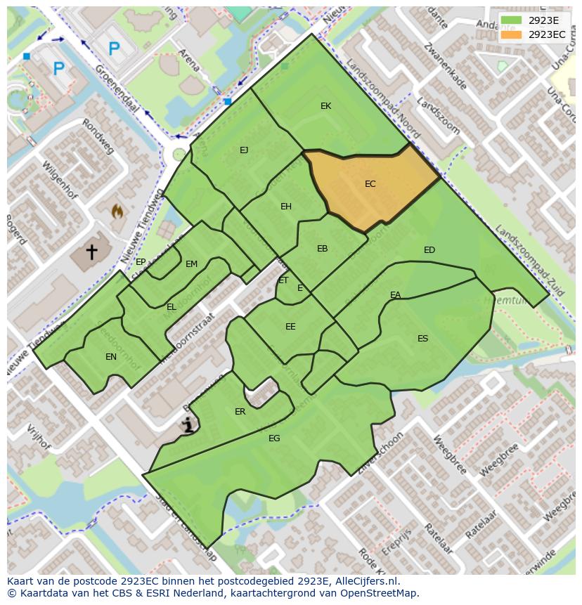 Afbeelding van het postcodegebied 2923 EC op de kaart.