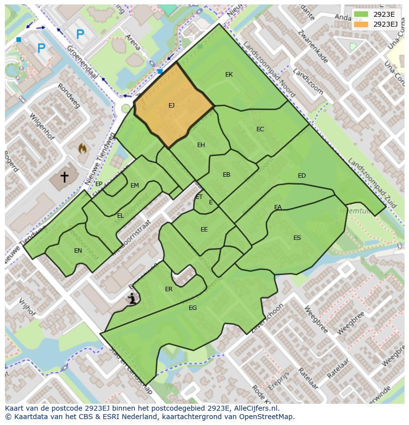 Afbeelding van het postcodegebied 2923 EJ op de kaart.