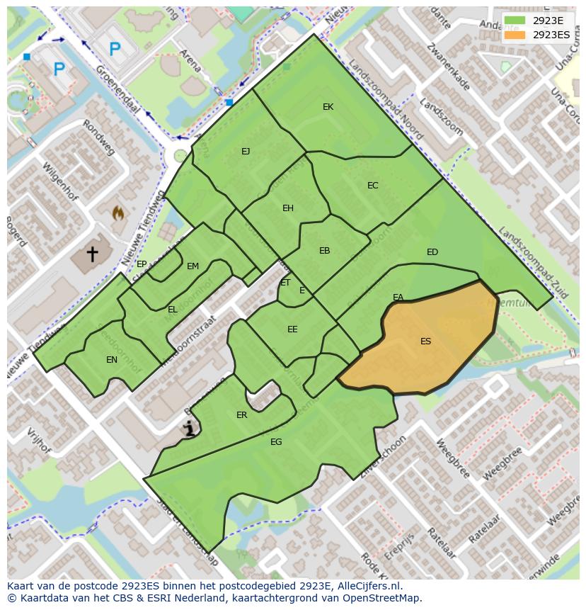 Afbeelding van het postcodegebied 2923 ES op de kaart.
