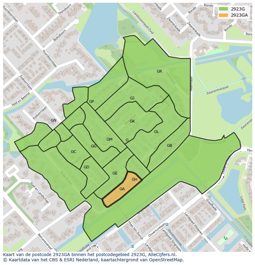 Afbeelding van het postcodegebied 2923 GA op de kaart.