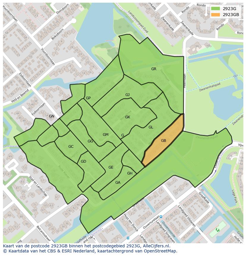Afbeelding van het postcodegebied 2923 GB op de kaart.