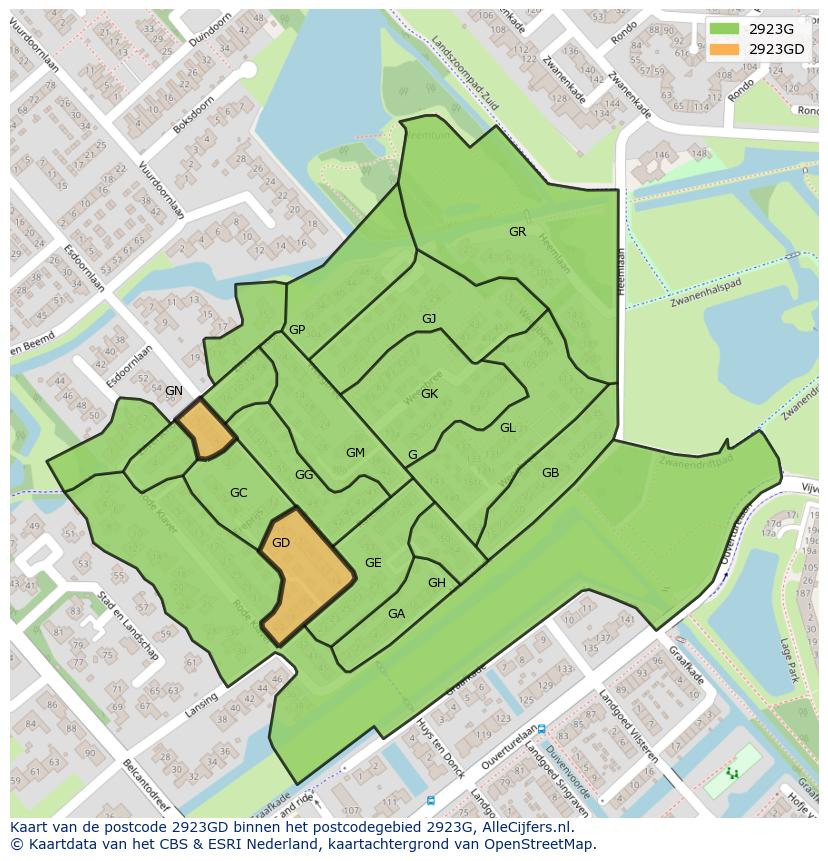 Afbeelding van het postcodegebied 2923 GD op de kaart.