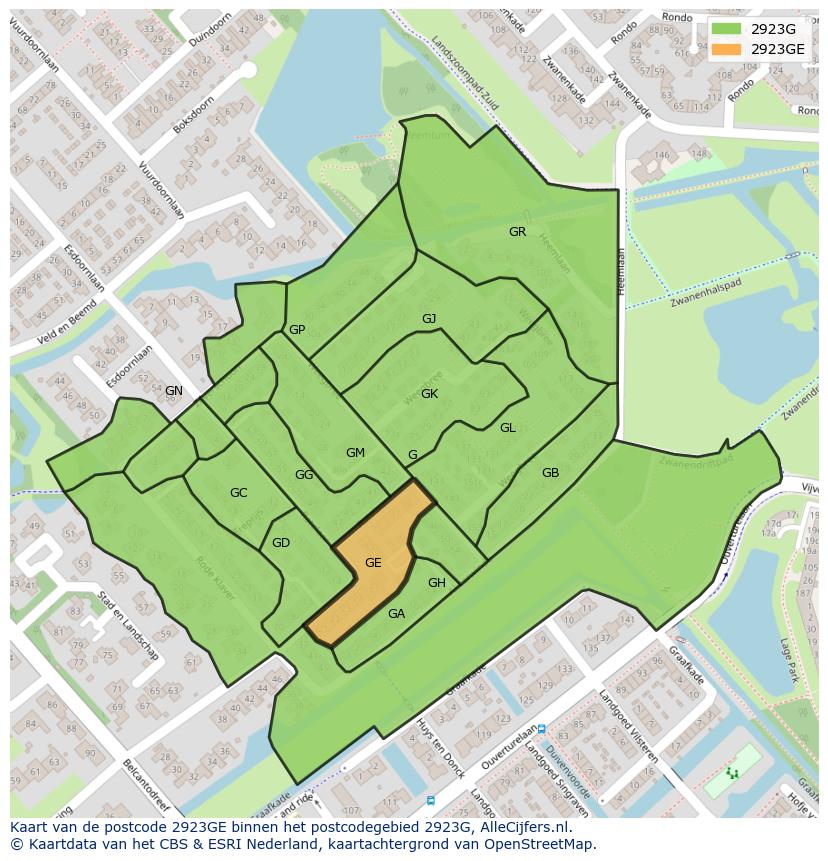 Afbeelding van het postcodegebied 2923 GE op de kaart.