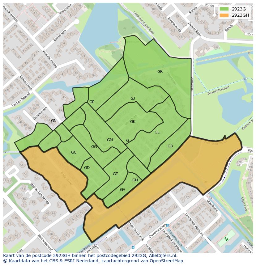 Afbeelding van het postcodegebied 2923 GH op de kaart.