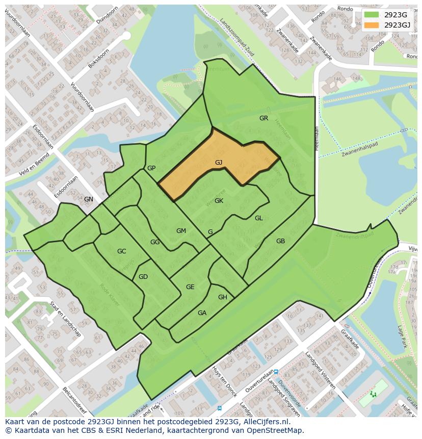 Afbeelding van het postcodegebied 2923 GJ op de kaart.