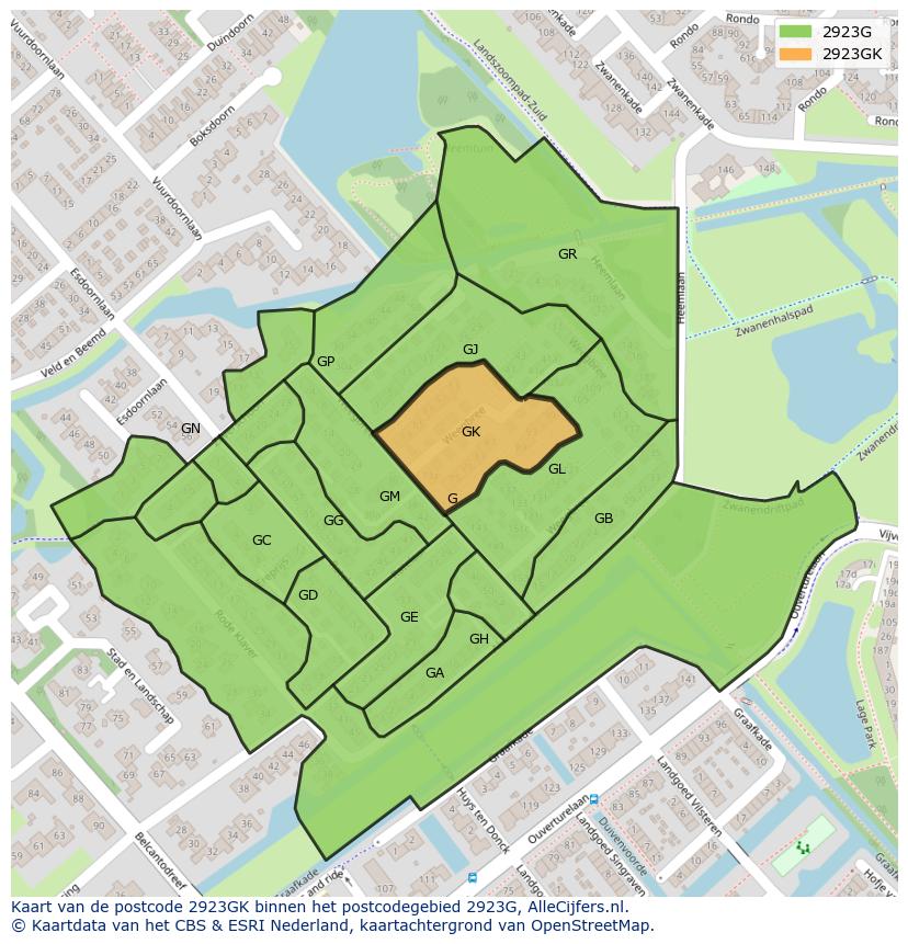 Afbeelding van het postcodegebied 2923 GK op de kaart.