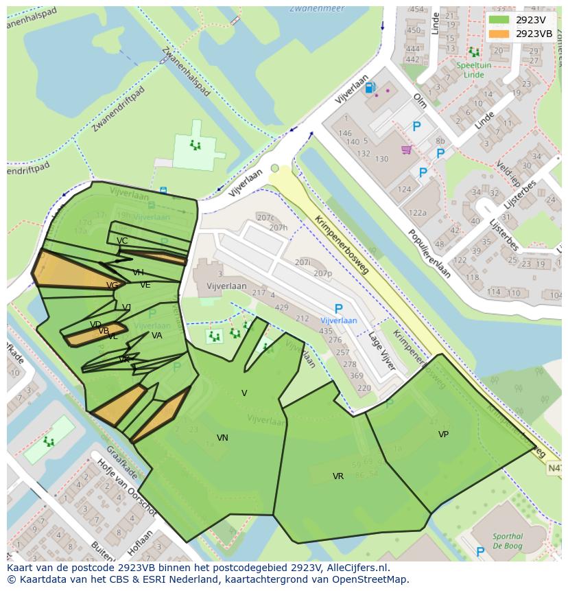 Afbeelding van het postcodegebied 2923 VB op de kaart.