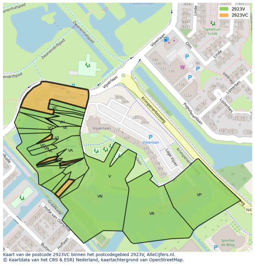 Afbeelding van het postcodegebied 2923 VC op de kaart.