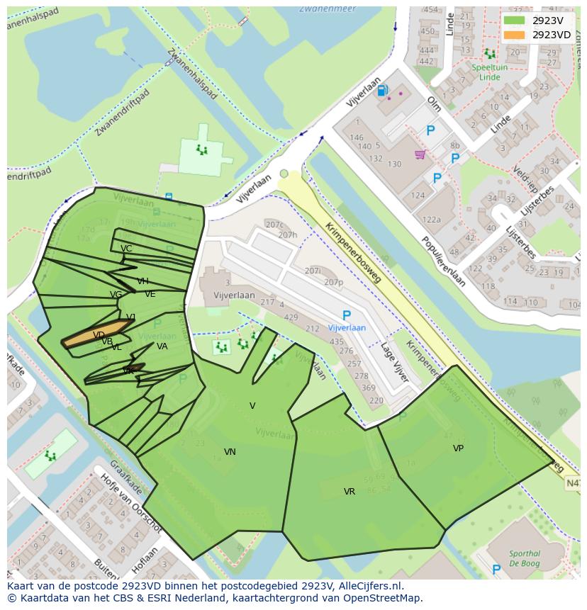 Afbeelding van het postcodegebied 2923 VD op de kaart.