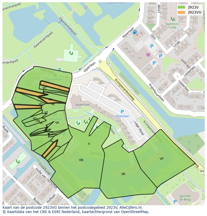 Afbeelding van het postcodegebied 2923 VG op de kaart.