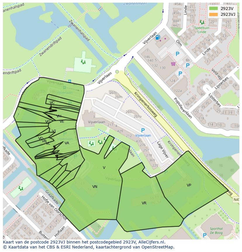 Afbeelding van het postcodegebied 2923 VJ op de kaart.