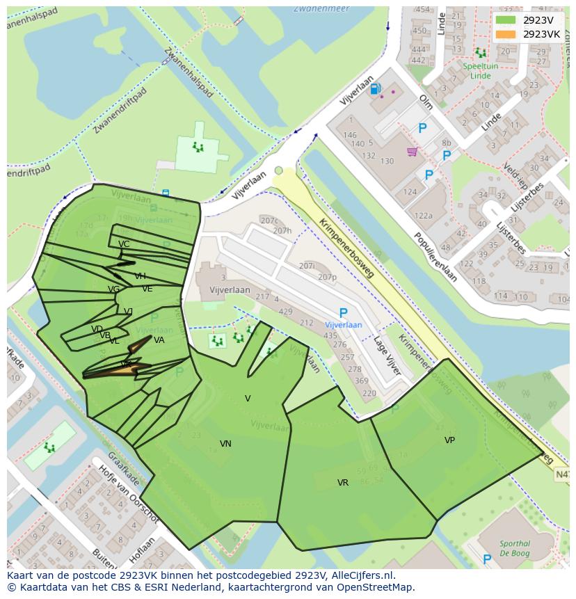 Afbeelding van het postcodegebied 2923 VK op de kaart.