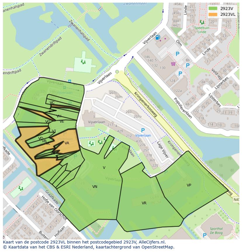 Afbeelding van het postcodegebied 2923 VL op de kaart.