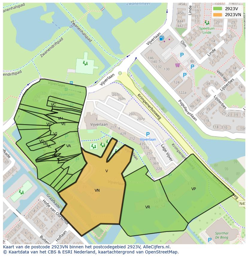 Afbeelding van het postcodegebied 2923 VN op de kaart.