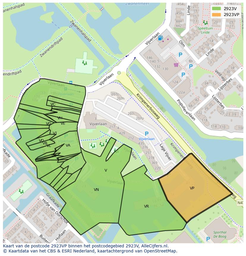 Afbeelding van het postcodegebied 2923 VP op de kaart.