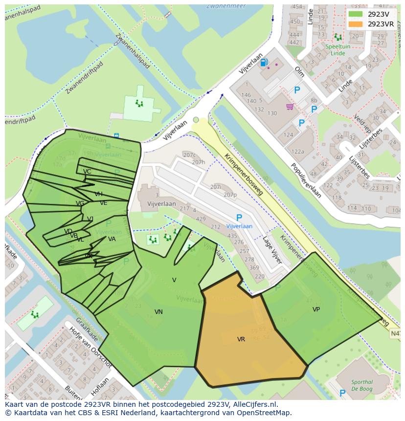 Afbeelding van het postcodegebied 2923 VR op de kaart.