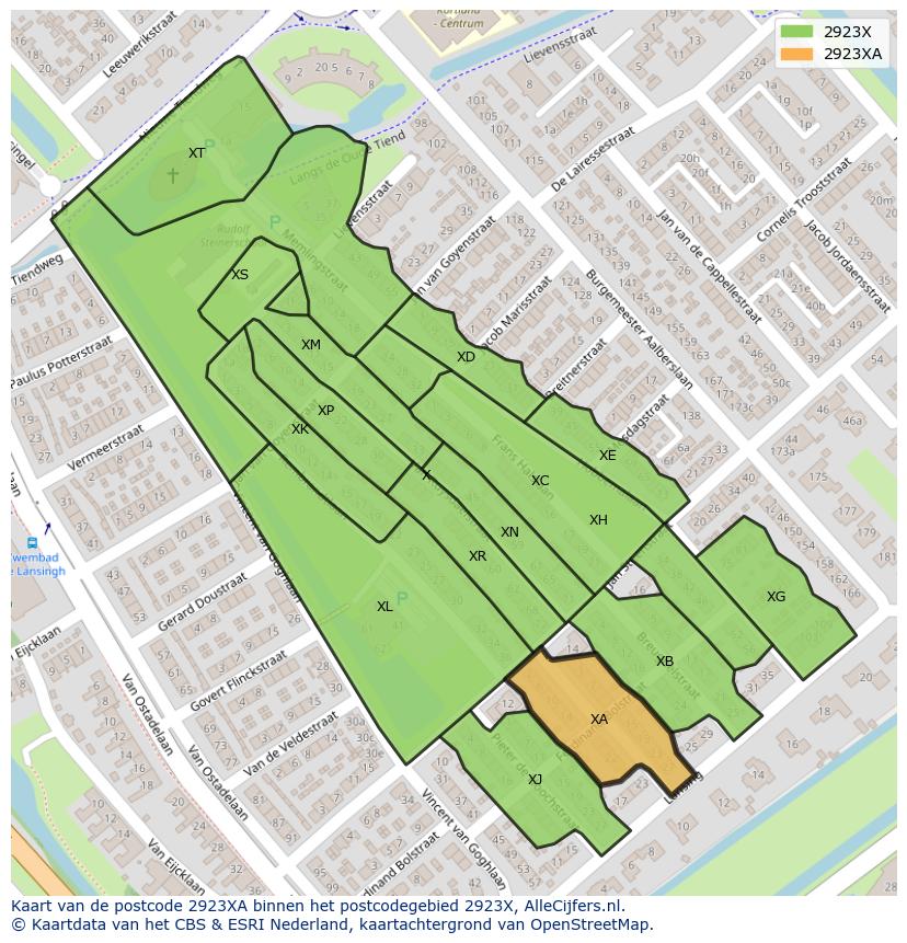 Afbeelding van het postcodegebied 2923 XA op de kaart.