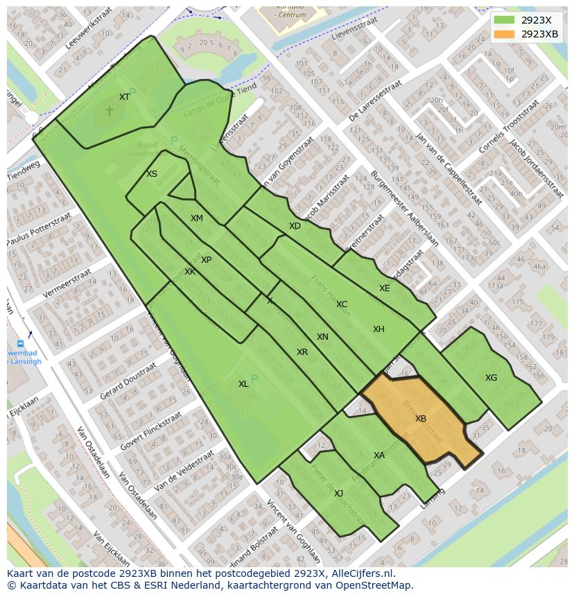 Afbeelding van het postcodegebied 2923 XB op de kaart.