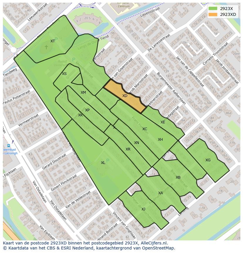 Afbeelding van het postcodegebied 2923 XD op de kaart.