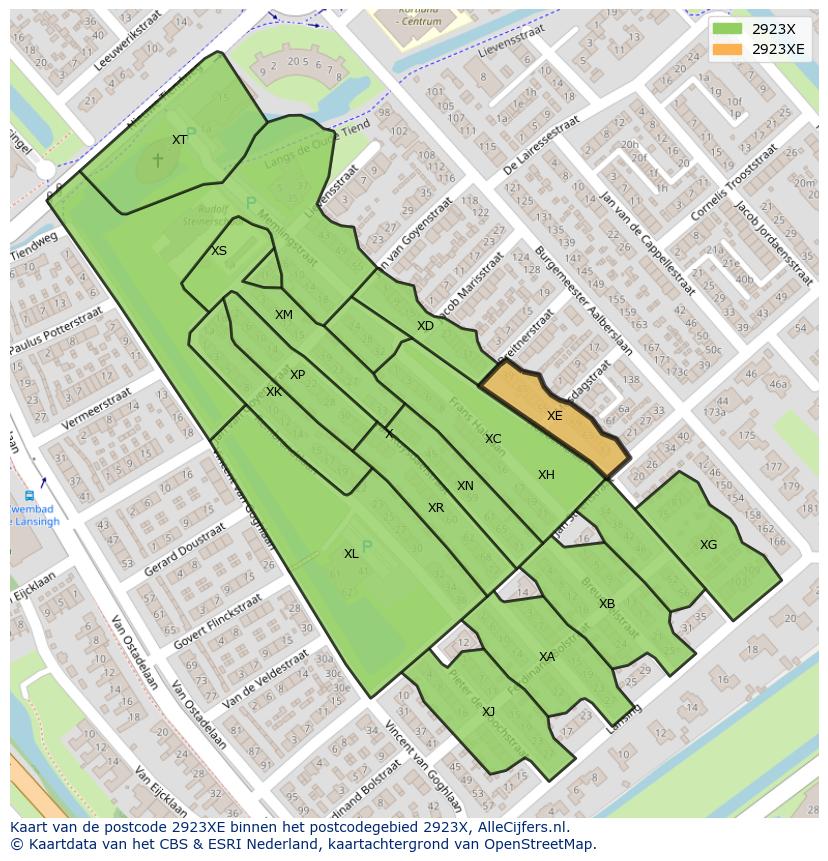 Afbeelding van het postcodegebied 2923 XE op de kaart.