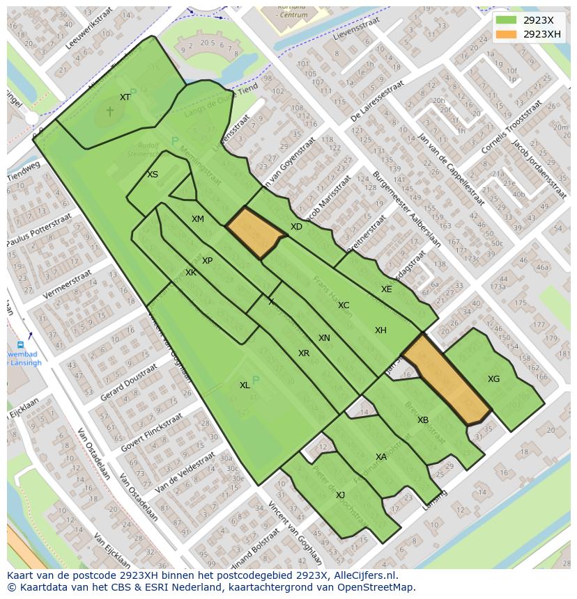 Afbeelding van het postcodegebied 2923 XH op de kaart.