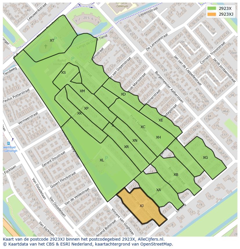 Afbeelding van het postcodegebied 2923 XJ op de kaart.