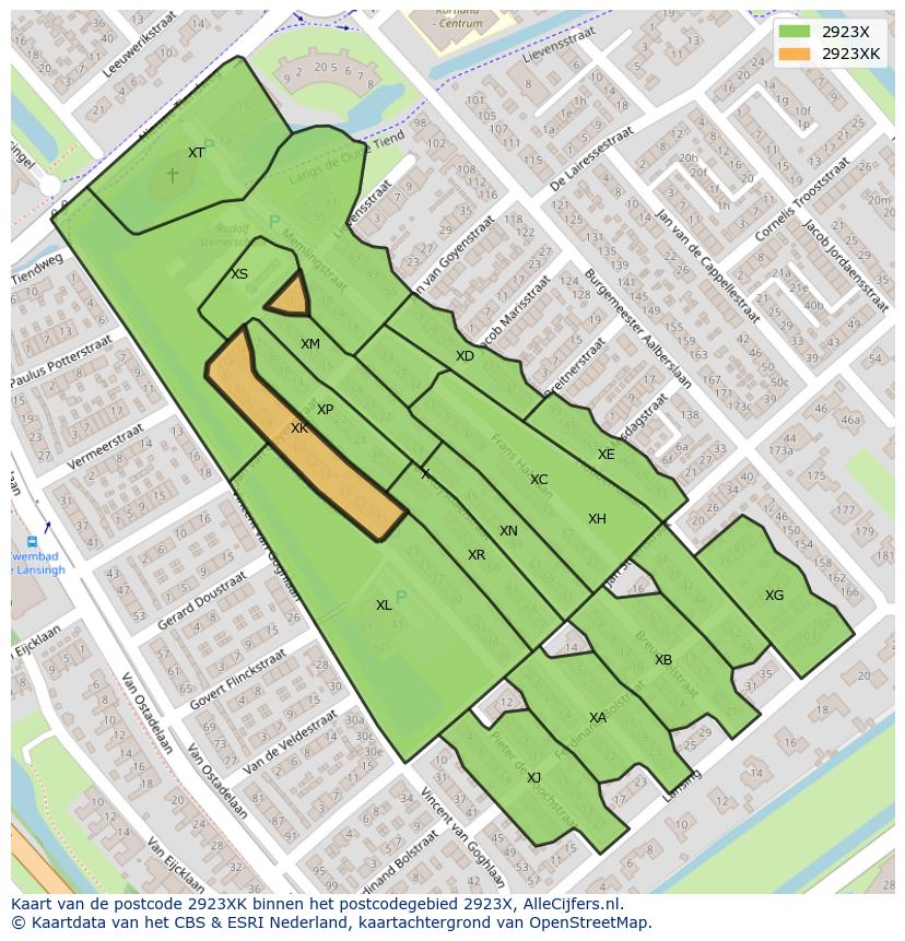 Afbeelding van het postcodegebied 2923 XK op de kaart.