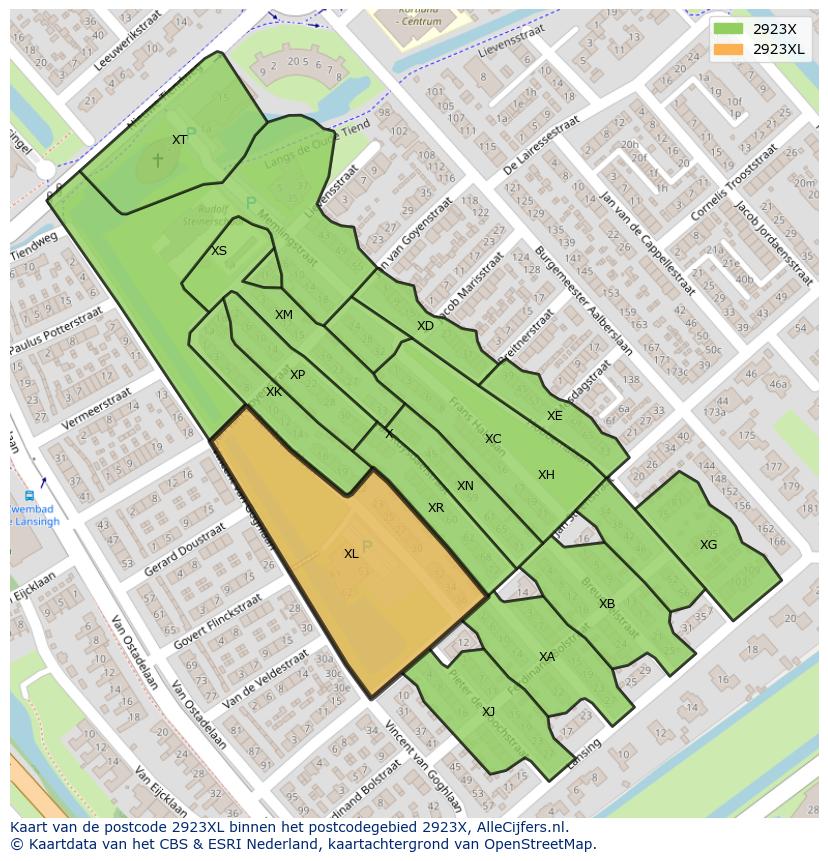 Afbeelding van het postcodegebied 2923 XL op de kaart.
