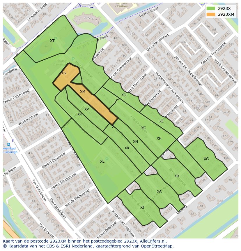 Afbeelding van het postcodegebied 2923 XM op de kaart.