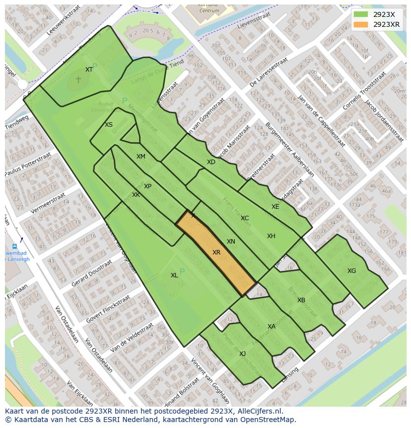Afbeelding van het postcodegebied 2923 XR op de kaart.