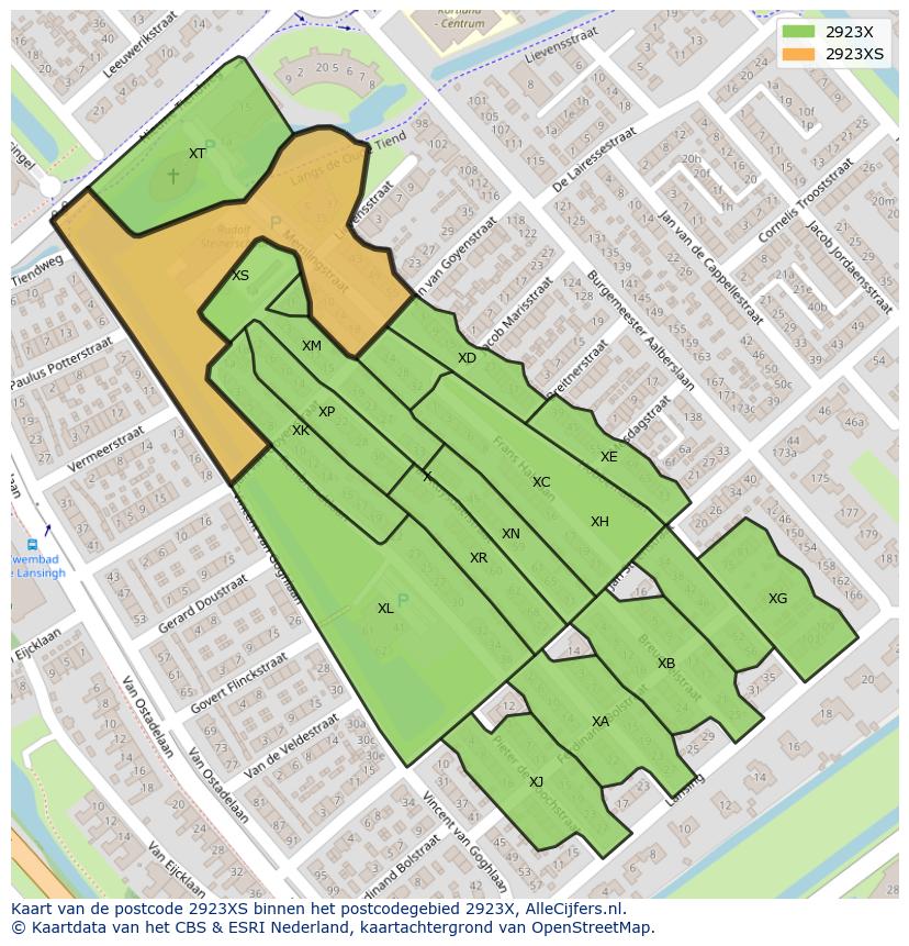 Afbeelding van het postcodegebied 2923 XS op de kaart.