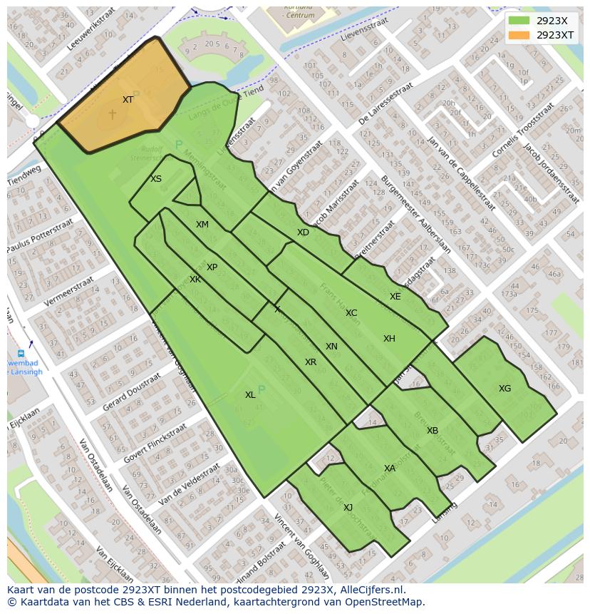 Afbeelding van het postcodegebied 2923 XT op de kaart.