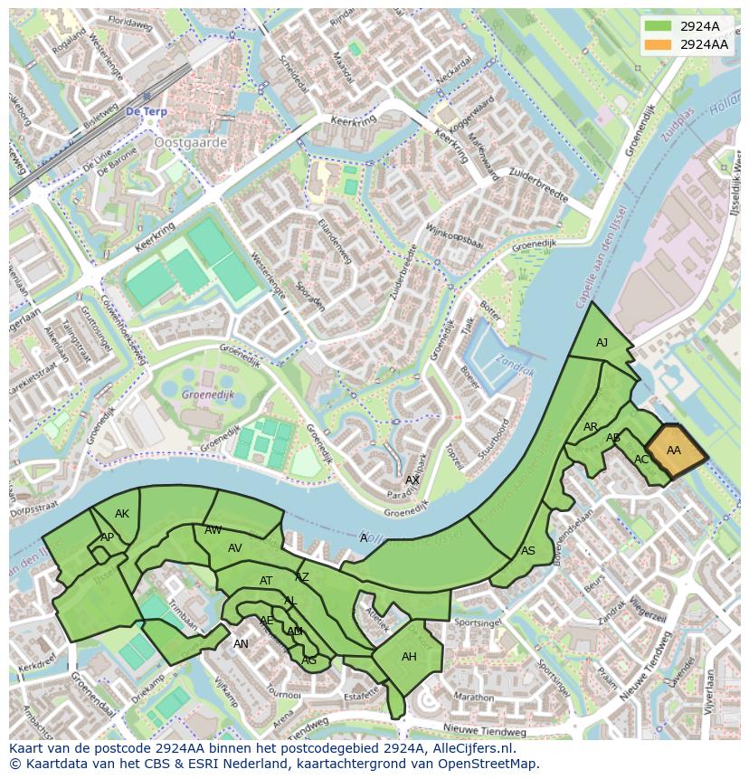 Afbeelding van het postcodegebied 2924 AA op de kaart.