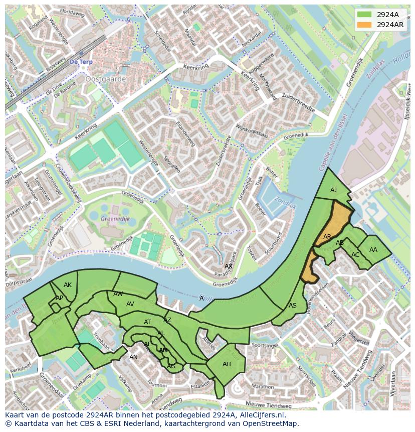 Afbeelding van het postcodegebied 2924 AR op de kaart.
