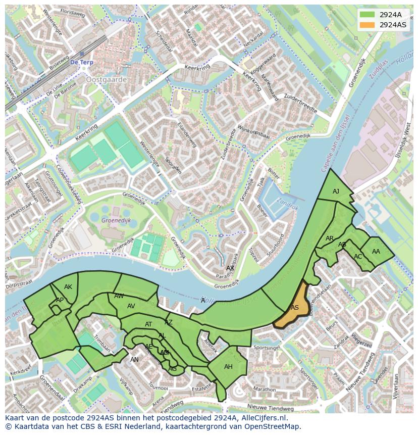 Afbeelding van het postcodegebied 2924 AS op de kaart.