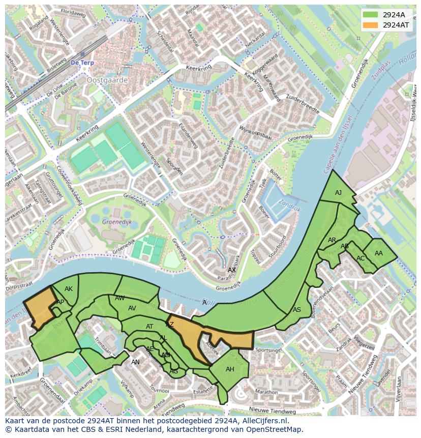 Afbeelding van het postcodegebied 2924 AT op de kaart.