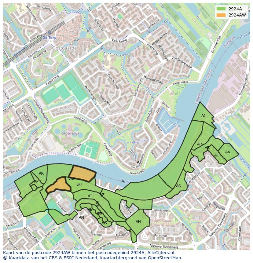 Afbeelding van het postcodegebied 2924 AW op de kaart.