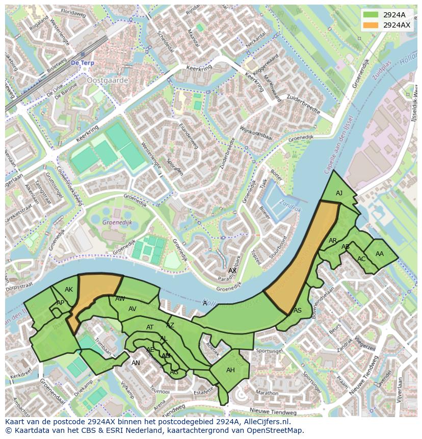 Afbeelding van het postcodegebied 2924 AX op de kaart.