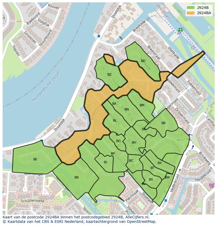 Afbeelding van het postcodegebied 2924 BA op de kaart.