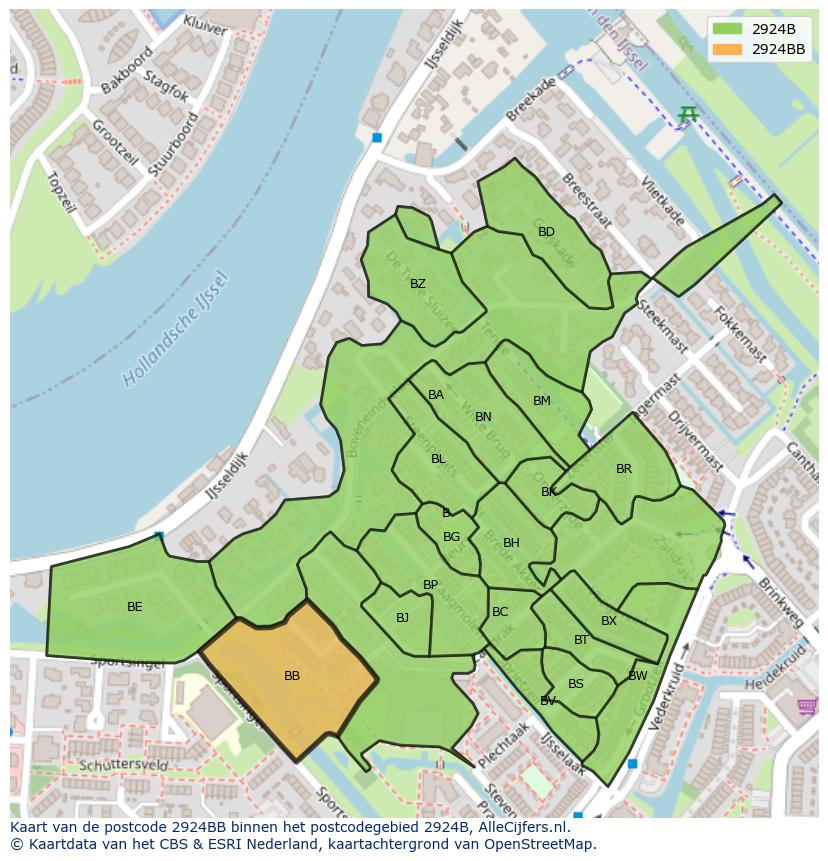 Afbeelding van het postcodegebied 2924 BB op de kaart.