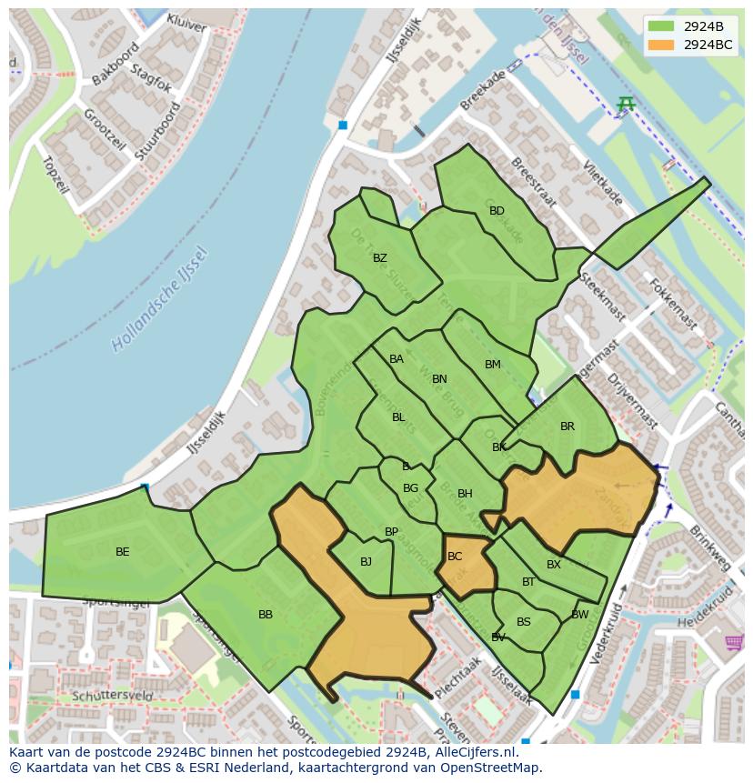 Afbeelding van het postcodegebied 2924 BC op de kaart.