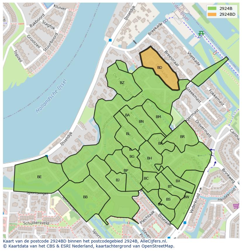 Afbeelding van het postcodegebied 2924 BD op de kaart.
