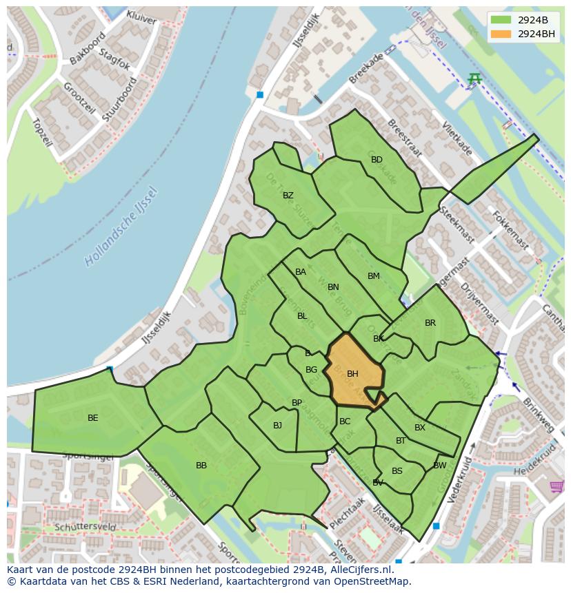 Afbeelding van het postcodegebied 2924 BH op de kaart.