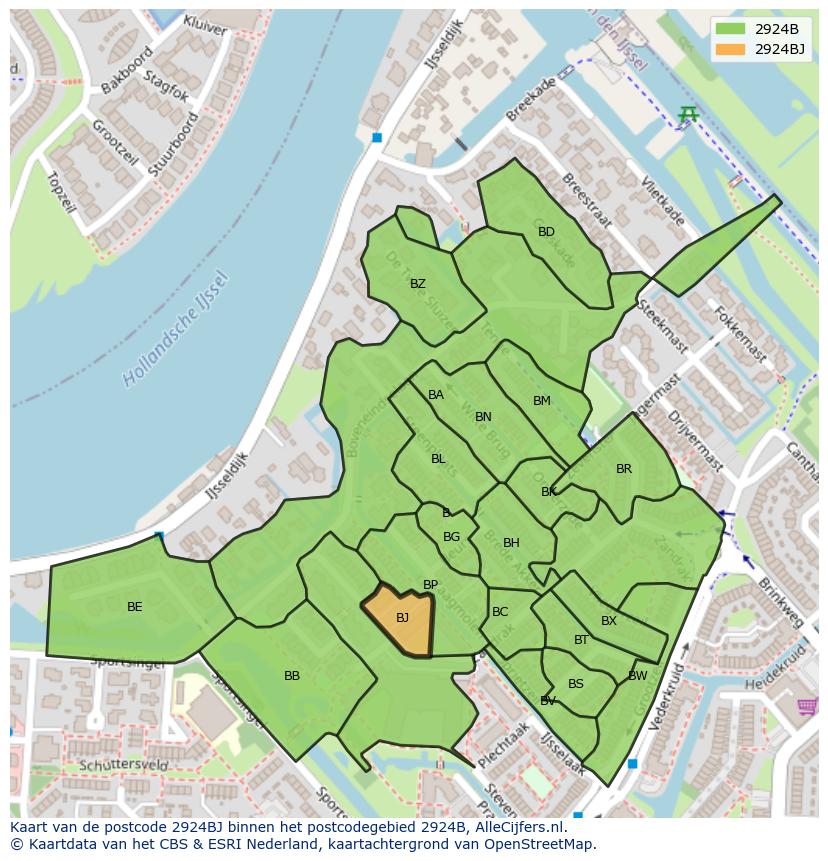 Afbeelding van het postcodegebied 2924 BJ op de kaart.