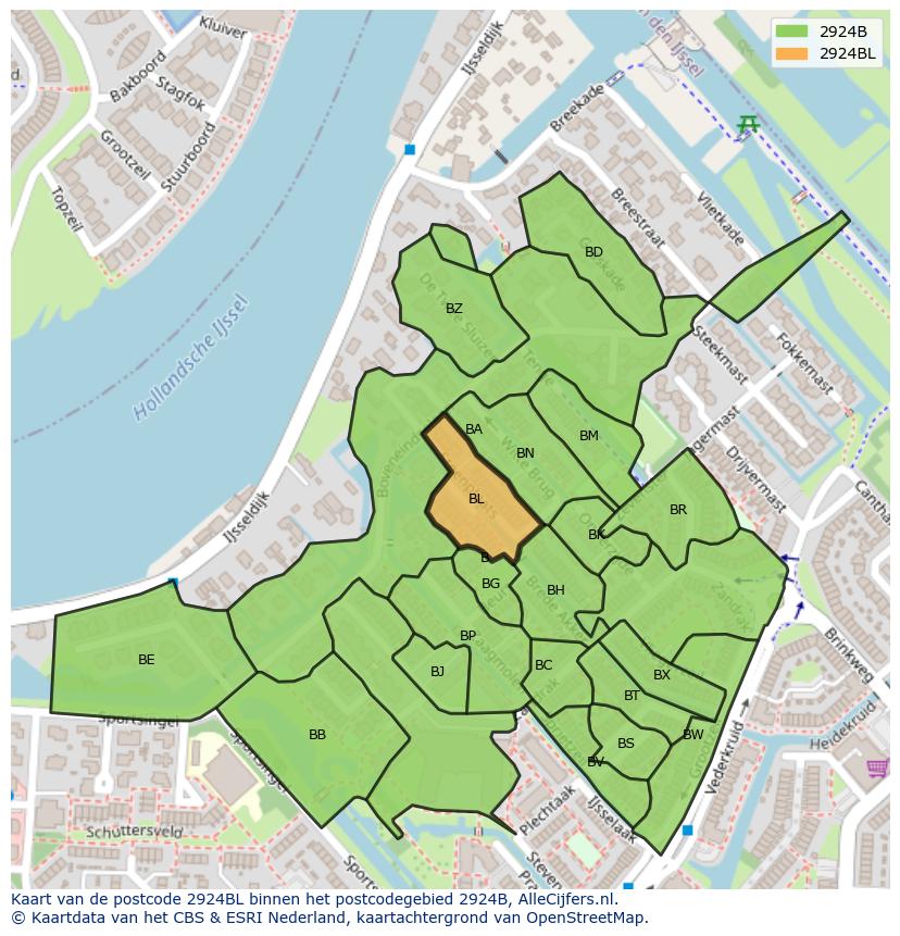 Afbeelding van het postcodegebied 2924 BL op de kaart.