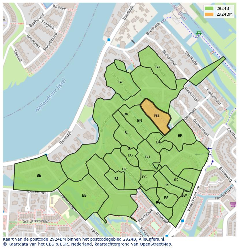 Afbeelding van het postcodegebied 2924 BM op de kaart.