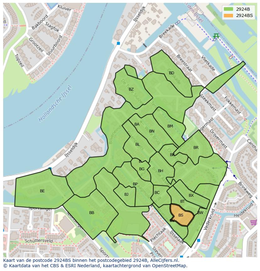 Afbeelding van het postcodegebied 2924 BS op de kaart.