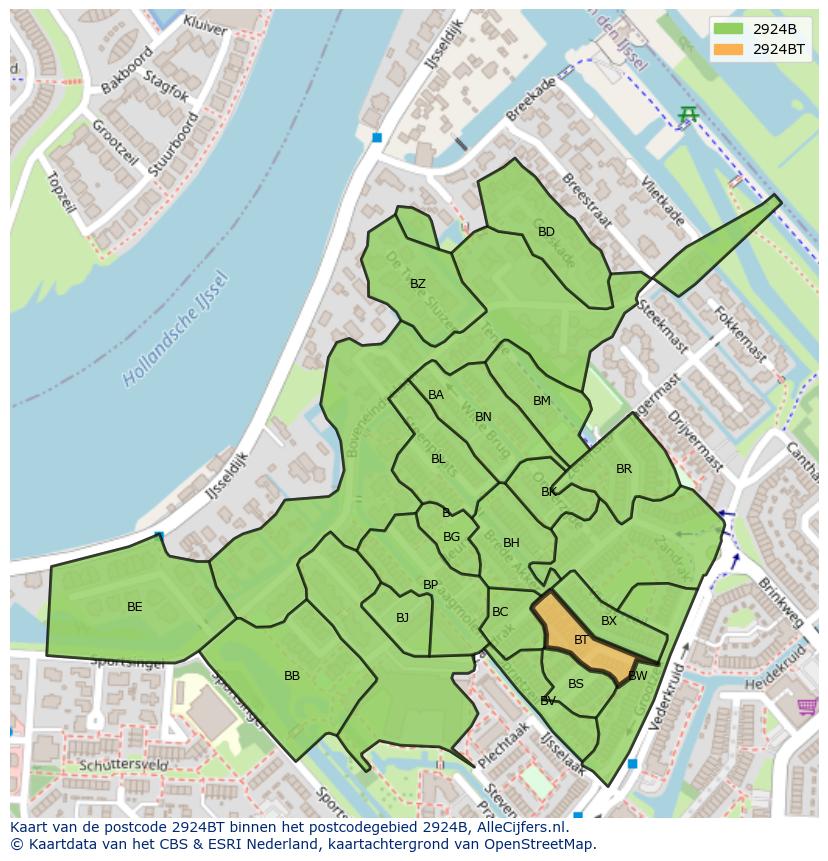 Afbeelding van het postcodegebied 2924 BT op de kaart.