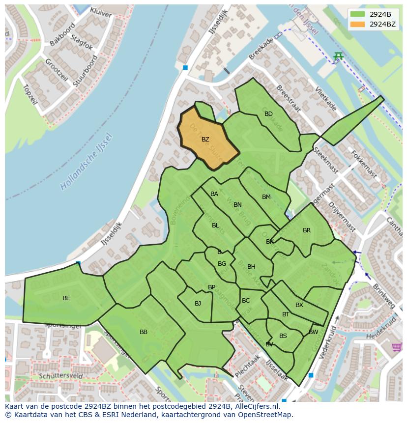 Afbeelding van het postcodegebied 2924 BZ op de kaart.